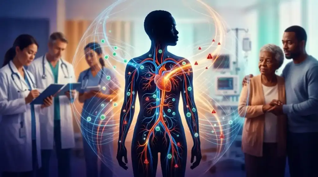 A human silhouette with glowing circulatory pathways and warning signals, symbolizing awareness of sepsis and the importance of early recognition.