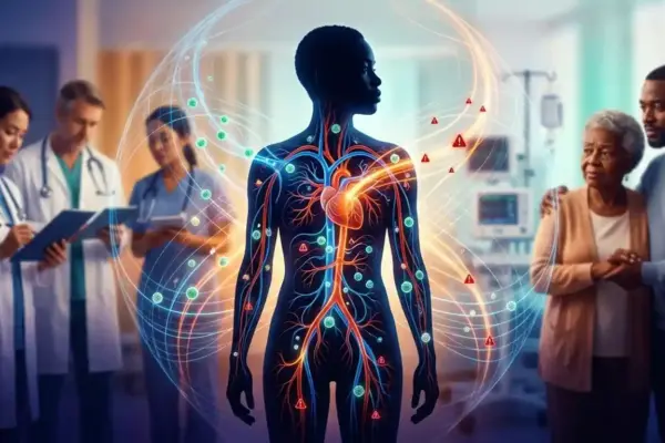 A human silhouette with glowing circulatory pathways and warning signals, symbolizing awareness of sepsis and the importance of early recognition.