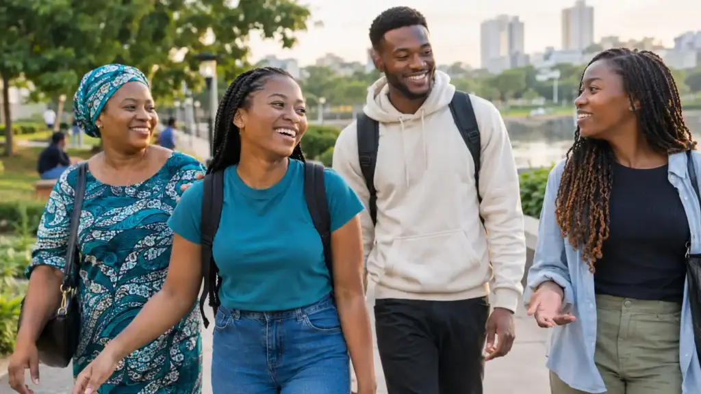 Young adult living with sickle cell disease enjoying an ordinary outdoor moment with friends, representing inclusion, resilience and quality of life.