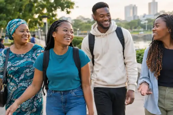 Young adult living with sickle cell disease enjoying an ordinary outdoor moment with friends, representing inclusion, resilience and quality of life.