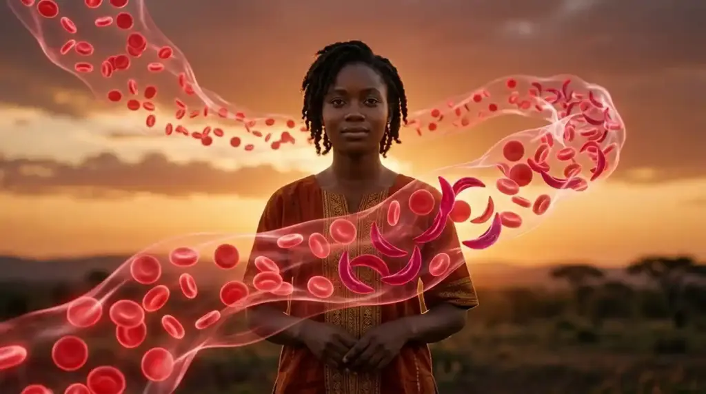 A young African person surrounded by flowing red blood cells, including sickle-shaped cells, symbolizing awareness of sickle cell disease and resilience.