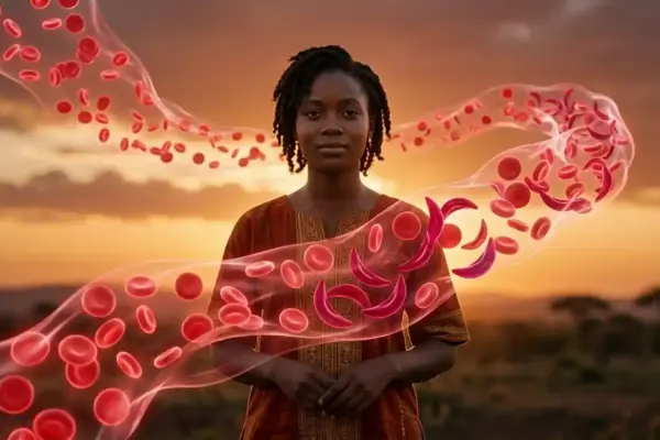 A young African person surrounded by flowing red blood cells, including sickle-shaped cells, symbolizing awareness of sickle cell disease and resilience.