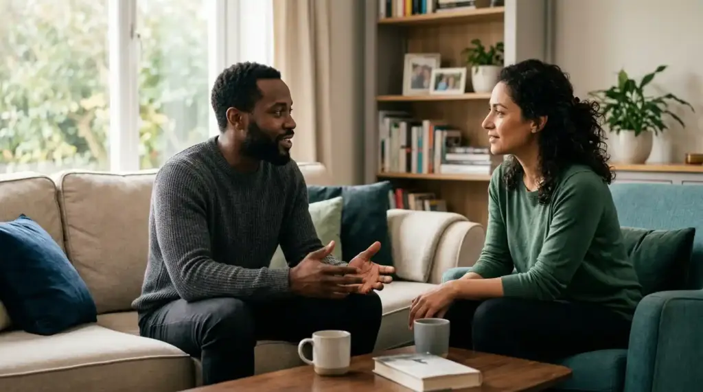 Two adults having a calm, supportive conversation, reflecting the importance of connection and open communication in suicide prevention.