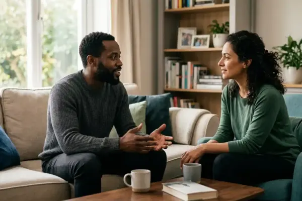 Two adults having a calm, supportive conversation, reflecting the importance of connection and open communication in suicide prevention.