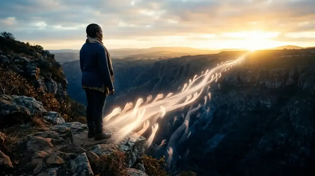 A person standing near a dark valley while illuminated paths and supportive hands guide them toward a bright horizon, symbolizing suicide prevention and hope.
