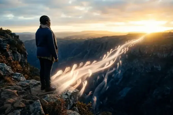 A person standing near a dark valley while illuminated paths and supportive hands guide them toward a bright horizon, symbolizing suicide prevention and hope.