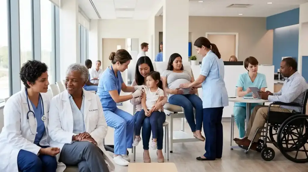 People of different ages, races, and abilities receive healthcare services from medical professionals in a modern clinic, illustrating equitable access to quality healthcare for everyone.