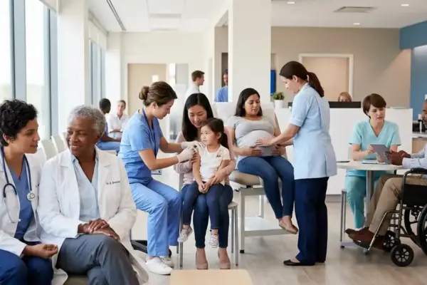 People of different ages, races, and abilities receive healthcare services from medical professionals in a modern clinic, illustrating equitable access to quality healthcare for everyone.