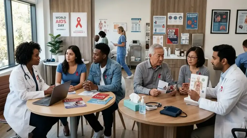 Healthcare professionals provide HIV counseling and care to people from diverse racial and ethnic backgrounds in a modern clinic, highlighting testing, treatment, prevention, and compassionate support.