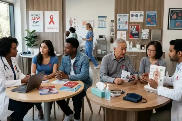 Healthcare professionals provide HIV counseling and care to people from diverse racial and ethnic backgrounds in a modern clinic, highlighting testing, treatment, prevention, and compassionate support.