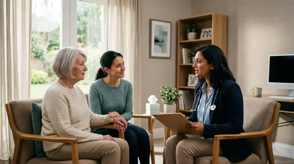 Older adult speaking with a healthcare professional while a family member provides support during a dementia consultation.
