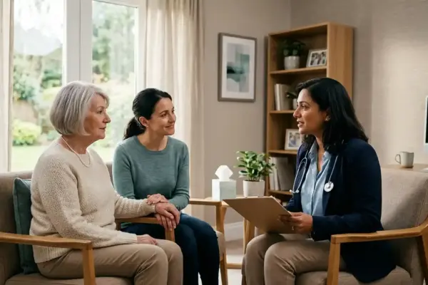 Older adult speaking with a healthcare professional while a family member provides support during a dementia consultation.