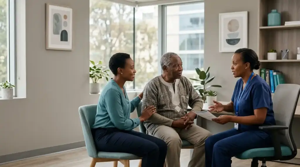 Older adult and family member speaking with a healthcare professional about dementia in a calm, supportive consultation.