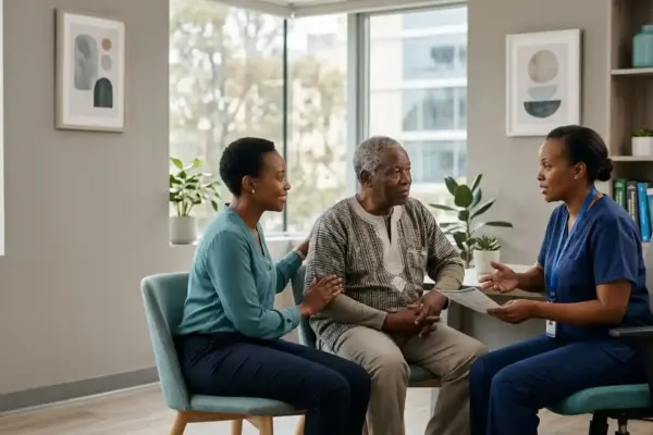 Older adult and family member speaking with a healthcare professional about dementia in a calm, supportive consultation.