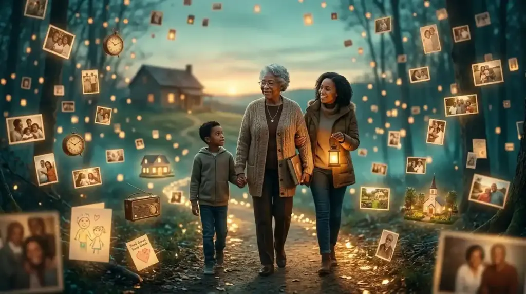An older adult walks beside family members while surrounded by glowing memories, symbolizing Alzheimer's awareness, support, and compassionate care.