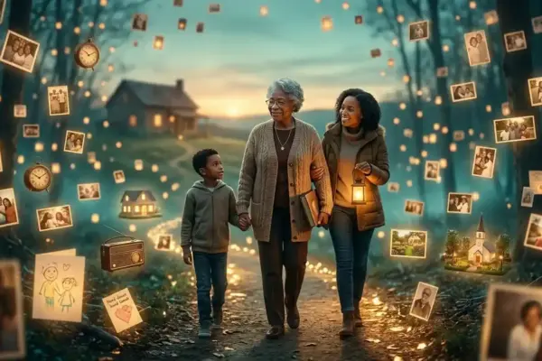 An older adult walks beside family members while surrounded by glowing memories, symbolizing Alzheimer's awareness, support, and compassionate care.