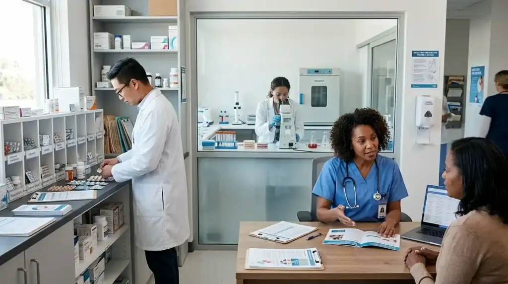 A doctor discusses the responsible use of antibiotics with a patient while a pharmacist and laboratory scientist support infection management, illustrating teamwork in combating antimicrobial resistance.