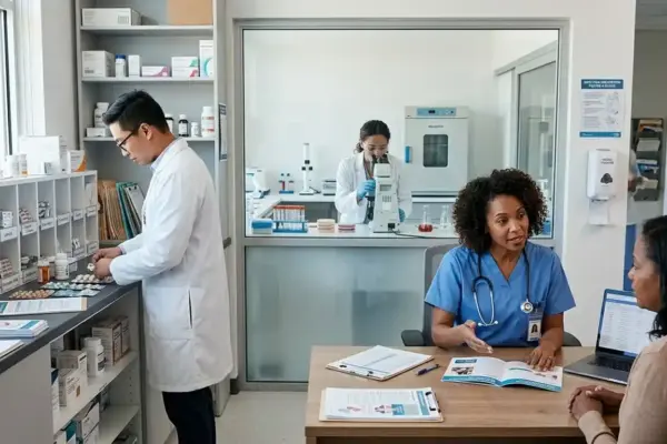 A doctor discusses the responsible use of antibiotics with a patient while a pharmacist and laboratory scientist support infection management, illustrating teamwork in combating antimicrobial resistance.