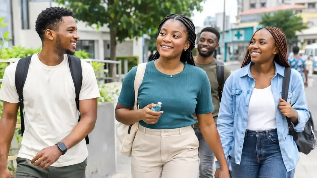 Young adult with asthma enjoying everyday life with friends, representing access to effective asthma treatment and equitable respiratory care.