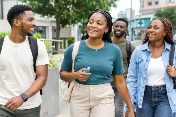 Young adult with asthma enjoying everyday life with friends, representing access to effective asthma treatment and equitable respiratory care.