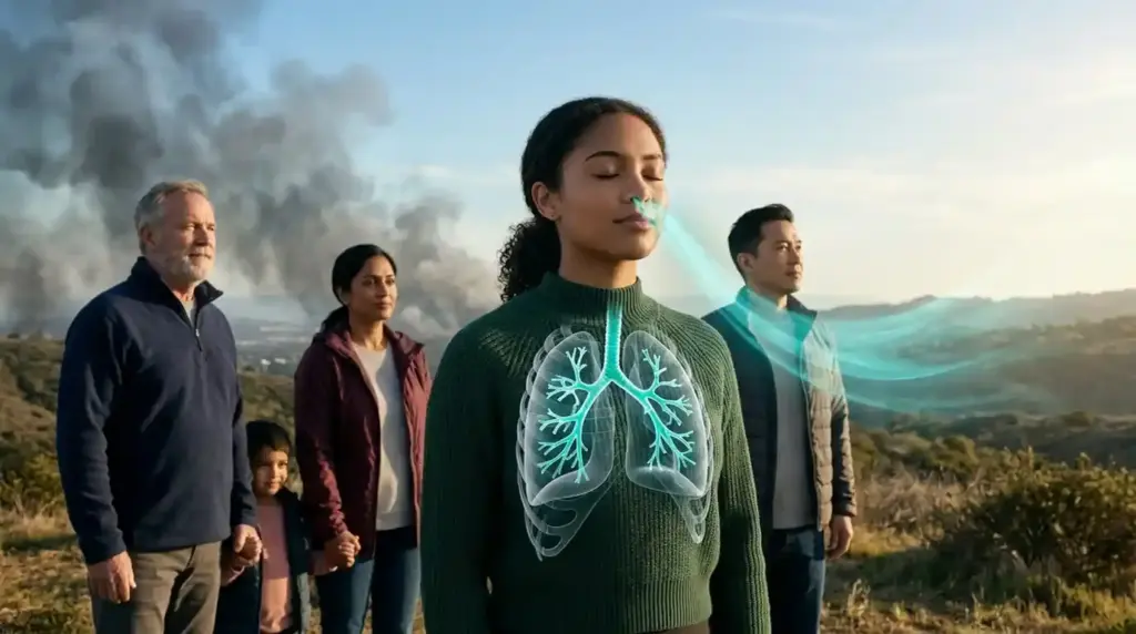 A young person stands confidently while streams of clean teal-blue air flow toward glowing lungs visible within a transparent chest silhouette. In the background, dark clouds give way to bright sunlight, representing asthma awareness, symptom control, and the importance of respiratory health.