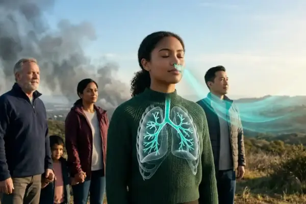 A young person stands confidently while streams of clean teal-blue air flow toward glowing lungs visible within a transparent chest silhouette. In the background, dark clouds give way to bright sunlight, representing asthma awareness, symptom control, and the importance of respiratory health.
