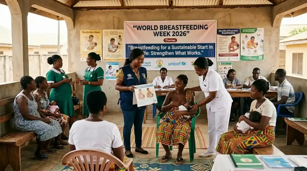 Healthcare workers and mothers participating in breastfeeding education and maternal-child health awareness activities during World Breastfeeding Week.