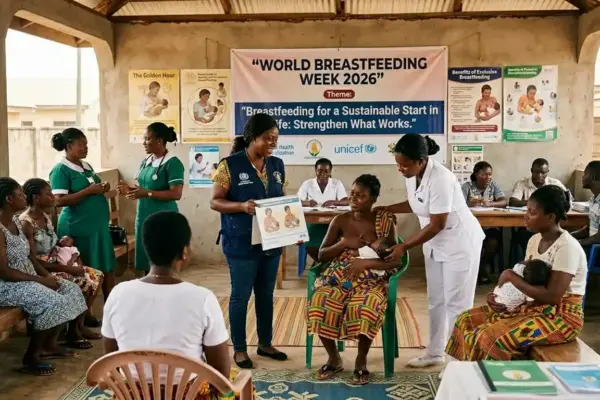 Healthcare workers and mothers participating in breastfeeding education and maternal-child health awareness activities during World Breastfeeding Week.