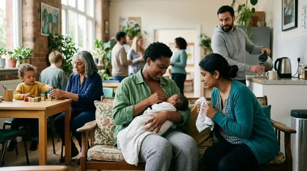 Mother breastfeeding her newborn while family and community members provide practical support, representing the supportive environment needed for successful breastfeeding.