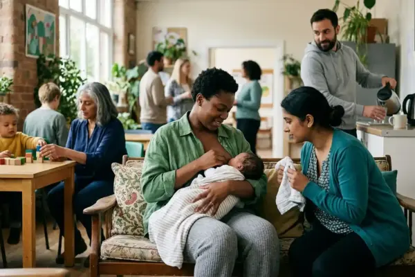 Mother breastfeeding her newborn while family and community members provide practical support, representing the supportive environment needed for successful breastfeeding.