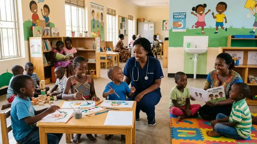 African children learn and play together in a safe community setting while a healthcare professional and teacher support their health, education, and wellbeing, reflecting the importance of every child's right to thrive.