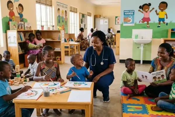 African children learn and play together in a safe community setting while a healthcare professional and teacher support their health, education, and wellbeing, reflecting the importance of every child's right to thrive.