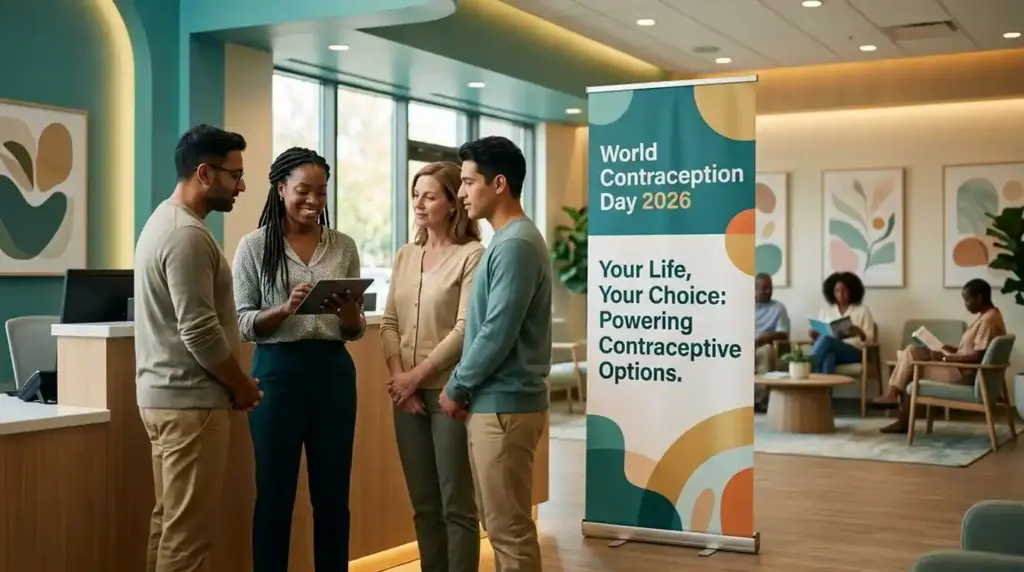 Adults discussing in a reproductive clinic. A banner stands on the floor with the label "World Contraception Day 2026."