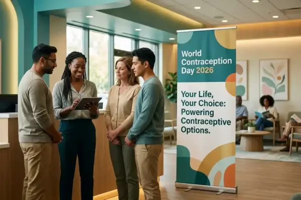 Adults discussing in a reproductive clinic. A banner stands on the floor with the label "World Contraception Day 2026."