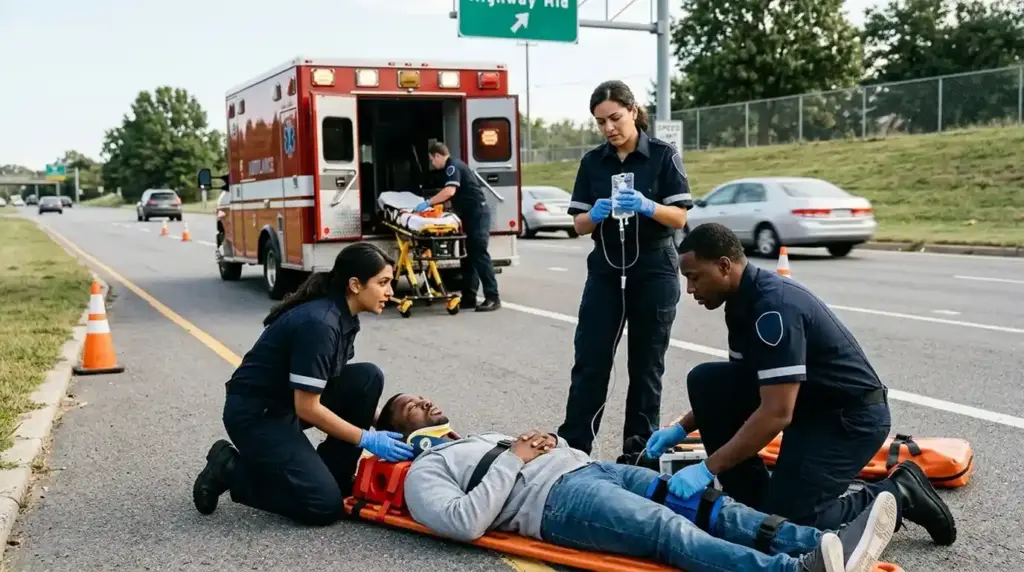 Emergency medical responders care for a road traffic crash survivor beside an ambulance on a public road, emphasizing rapid emergency response, road safety, and remembrance of people affected by traffic crashes.