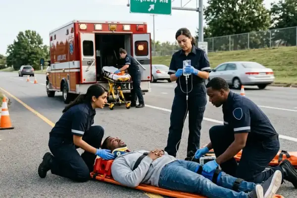 Emergency medical responders care for a road traffic crash survivor beside an ambulance on a public road, emphasizing rapid emergency response, road safety, and remembrance of people affected by traffic crashes.