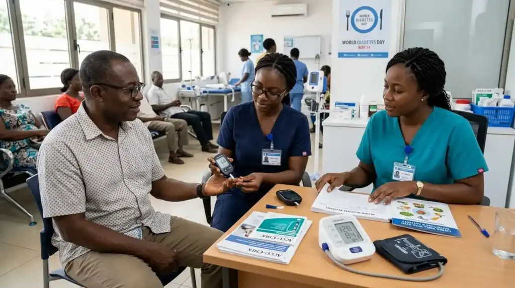 An African healthcare professional performs a blood glucose test for an adult patient while another clinician discusses diabetes management in a modern clinic. The scene emphasizes early detection, routine monitoring, healthy lifestyle choices, and ongoing support for people living with diabetes.