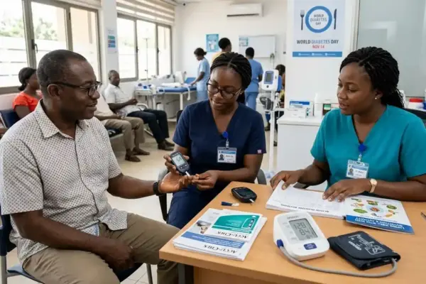 An African healthcare professional performs a blood glucose test for an adult patient while another clinician discusses diabetes management in a modern clinic. The scene emphasizes early detection, routine monitoring, healthy lifestyle choices, and ongoing support for people living with diabetes.