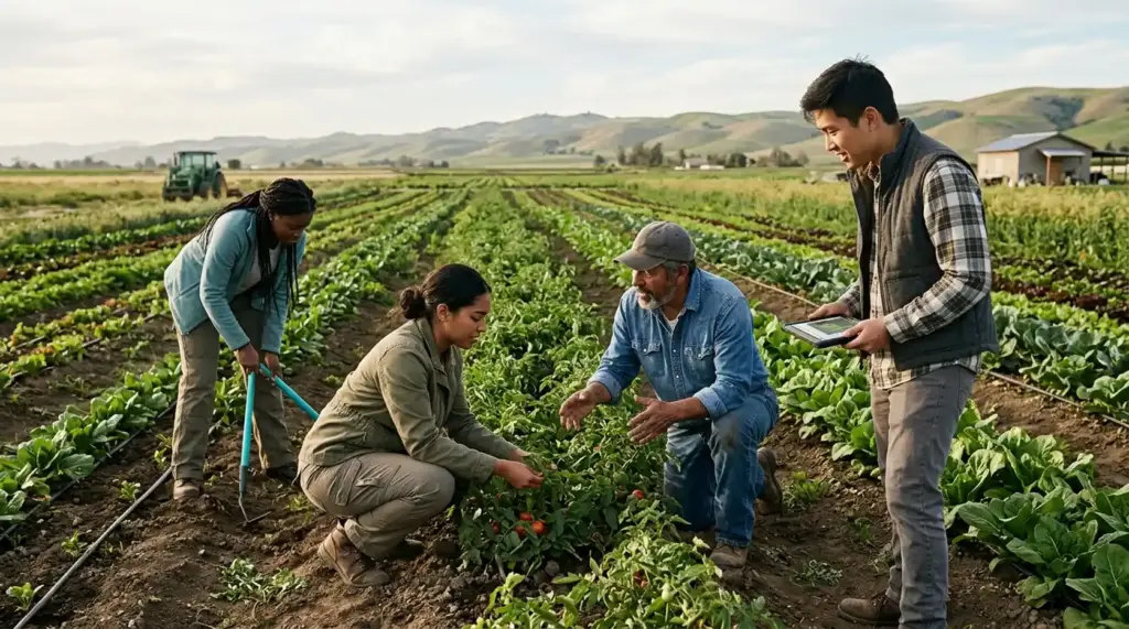 Farmers and agricultural innovators working together in a sustainable field, representing innovation for a healthier and more secure food future.