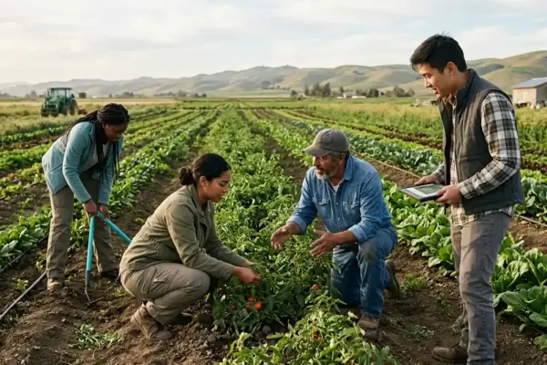 Farmers and agricultural innovators working together in a sustainable field, representing innovation for a healthier and more secure food future.