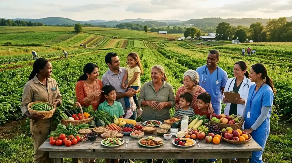 Farmers and families gather around nutritious foods, highlighting food security, healthy diets, and sustainable agriculture.
