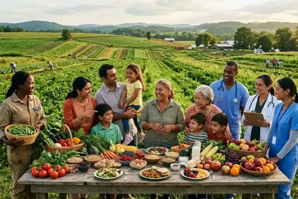 Farmers and families gather around nutritious foods, highlighting food security, healthy diets, and sustainable agriculture.