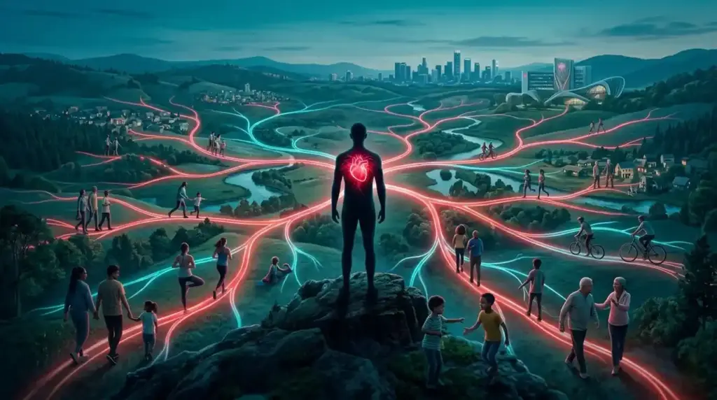A human silhouette with a glowing heart and pathways extending through a healthy community scene, symbolizing heart health and cardiovascular awareness.