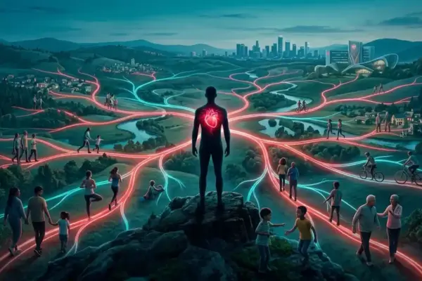 A human silhouette with a glowing heart and pathways extending through a healthy community scene, symbolizing heart health and cardiovascular awareness.