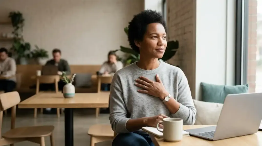 Adult placing a hand over their chest while reflecting on heart health in a calm, natural setting.