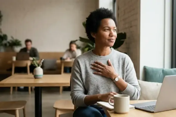 Adult placing a hand over their chest while reflecting on heart health in a calm, natural setting.