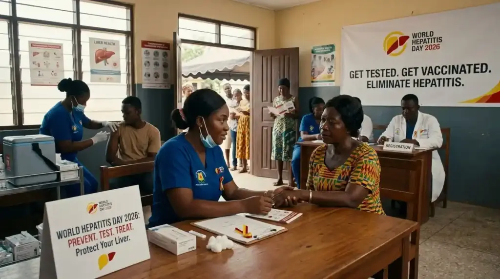 Healthcare workers and community members participating in hepatitis screening and liver health awareness activities.