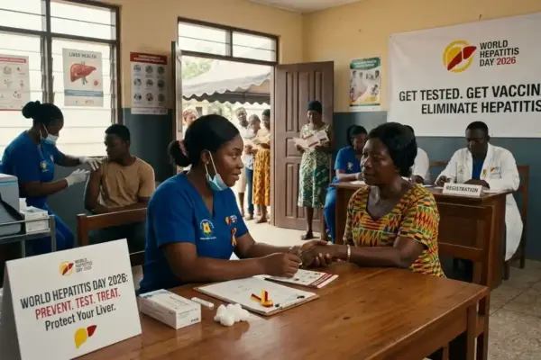 Healthcare workers and community members participating in hepatitis screening and liver health awareness activities.