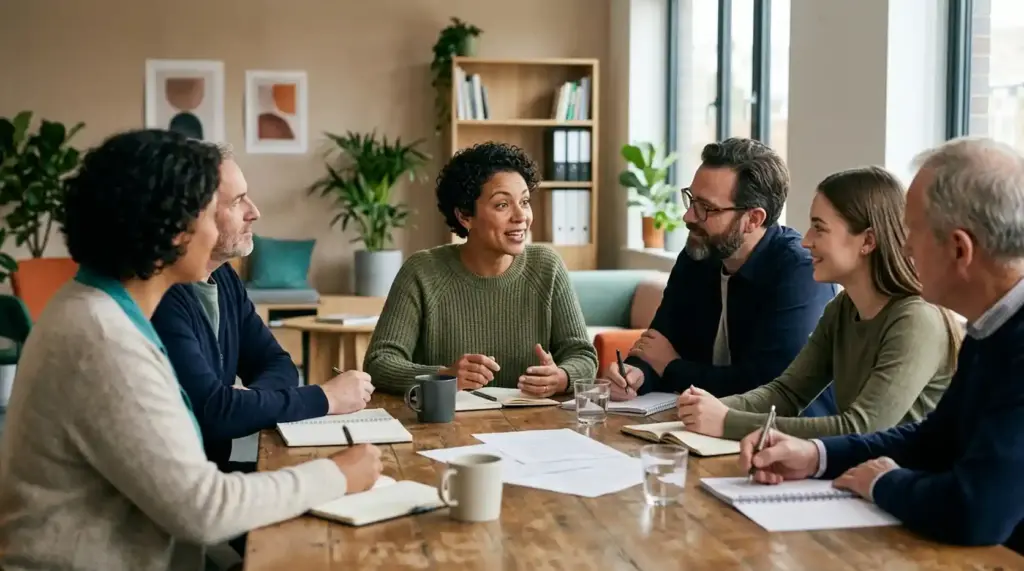 Person with lived experience of mental-health challenges participating equally in a group discussion about mental-health services.