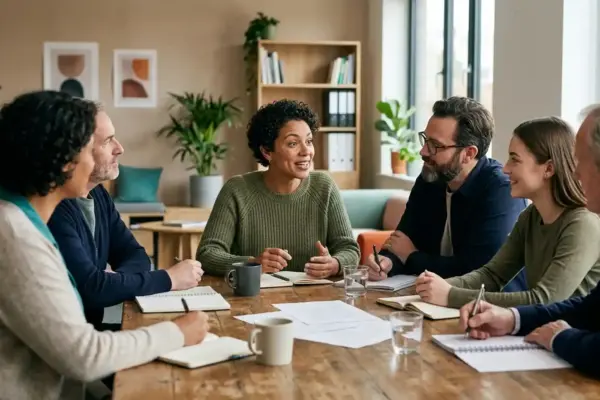 Person with lived experience of mental-health challenges participating equally in a group discussion about mental-health services.